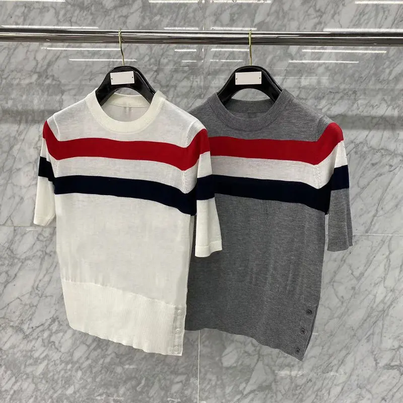

TB THOM BULUO Fashion Brand T-Shirt Women Short sleeve Casual Clothing Summer Loose Striped Patchwork O-neck Cotton Clothing