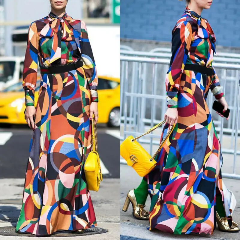 Spring Autumn Winter Women Vintage Dress Elegant Casual Fashion Long Print Bow Collar Split Maxi Plus Size | Женская одежда