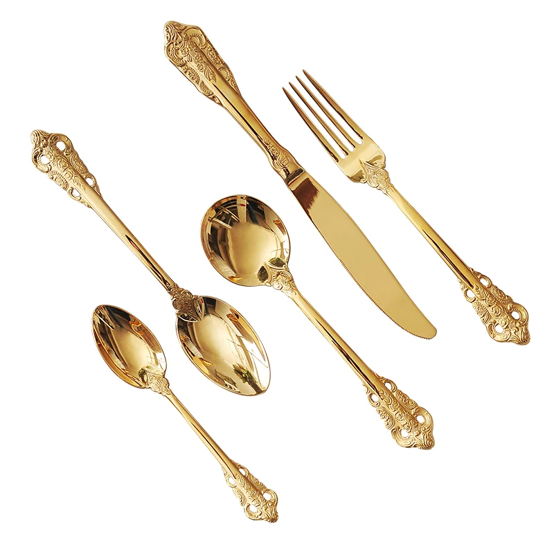 

Western Cuisine Dinner Knife Fork Set Rice Tea Spoon High End Gold European Cultery Hollow Embossed Stainless Steel Tableware