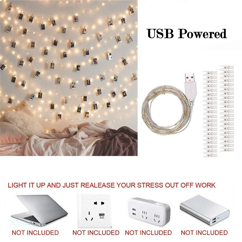 Светодиодная гирлянда с зажимом для фотографий 2 м/5 м/10 м USB улицы прищепками