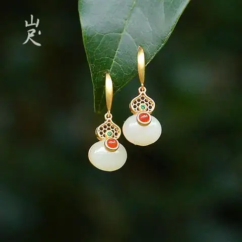 

Xiangyi Natural Hetian Jade White Jade Gourd Chinese Style Earrings S925 Sterling Silver Jade Eardrops Retro Classic Earrings