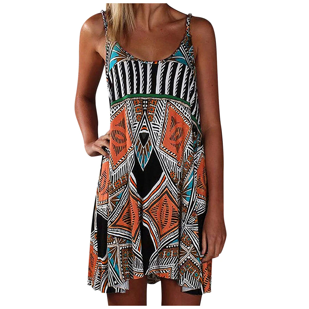 

Summer Dress Women's Fashion Sexy O-neck Casual Loose Print Spaghetti Strap Sleeveless Beach Party Dresses For Women Robe Femme