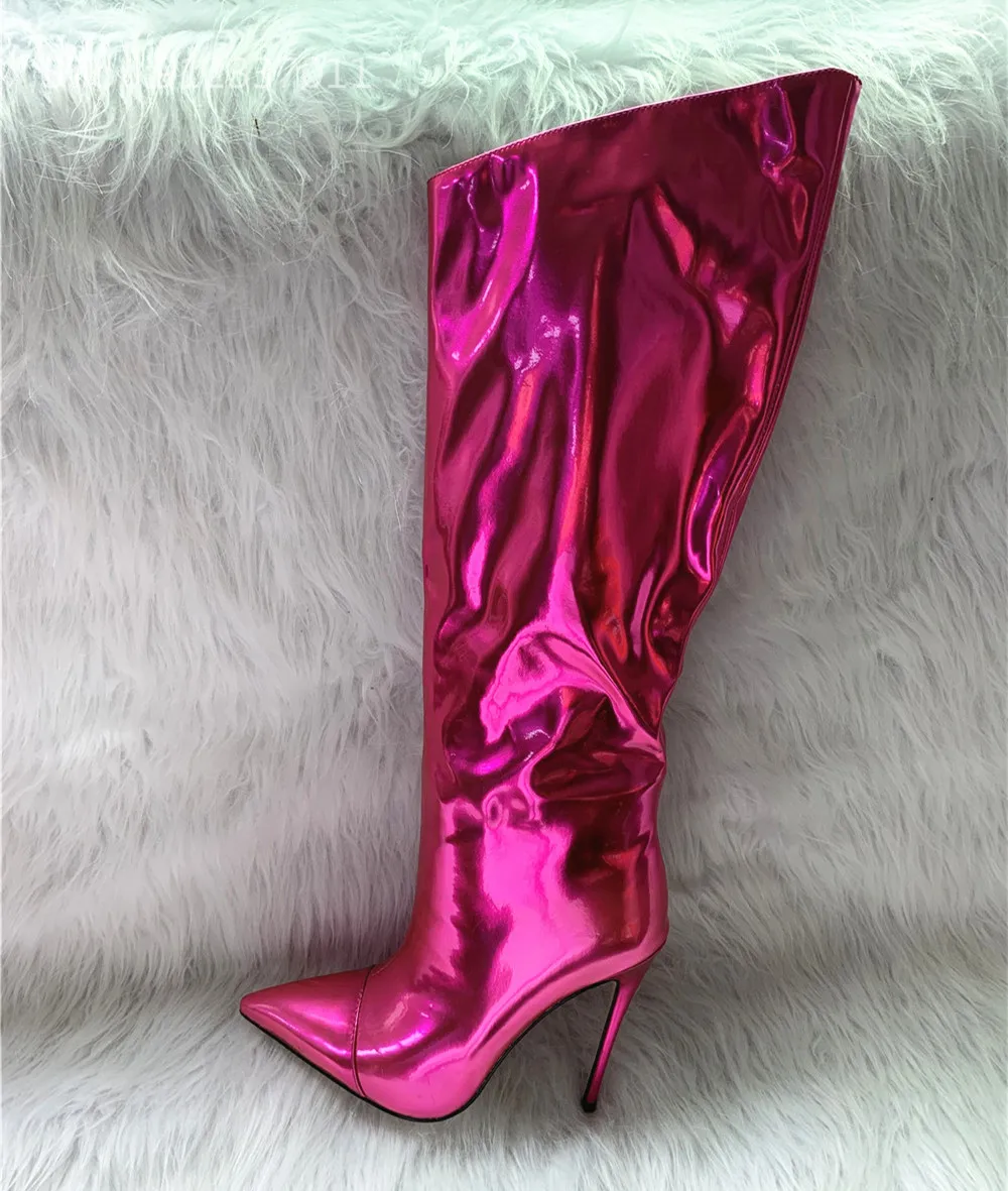 Metallic Leather Women Knee High Boots Stilettos Heels Pointed Toe Fashion Female Party Shoes Nightclub Reflective Mujer | Обувь