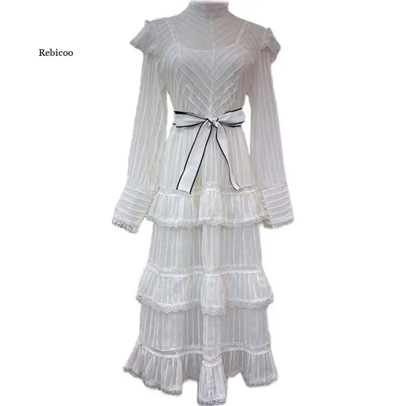 

Runway Spring Boho Long Sleeve Party High Waist A-Line Elegant Cake Dresses Women Vintage Luxury Dress Autumn Solid White