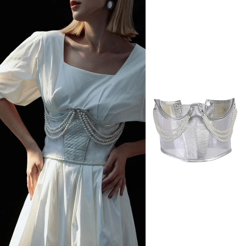 

Women Sexy Underbust Corset Crop Top Pearl Chain Faux Leather Bustier Waist Belt