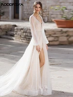 roddrsya a line wedding dresses lantern sleeve sequined tulle gowns v neck beaded belt backless high split robe de mari%c3%a9e