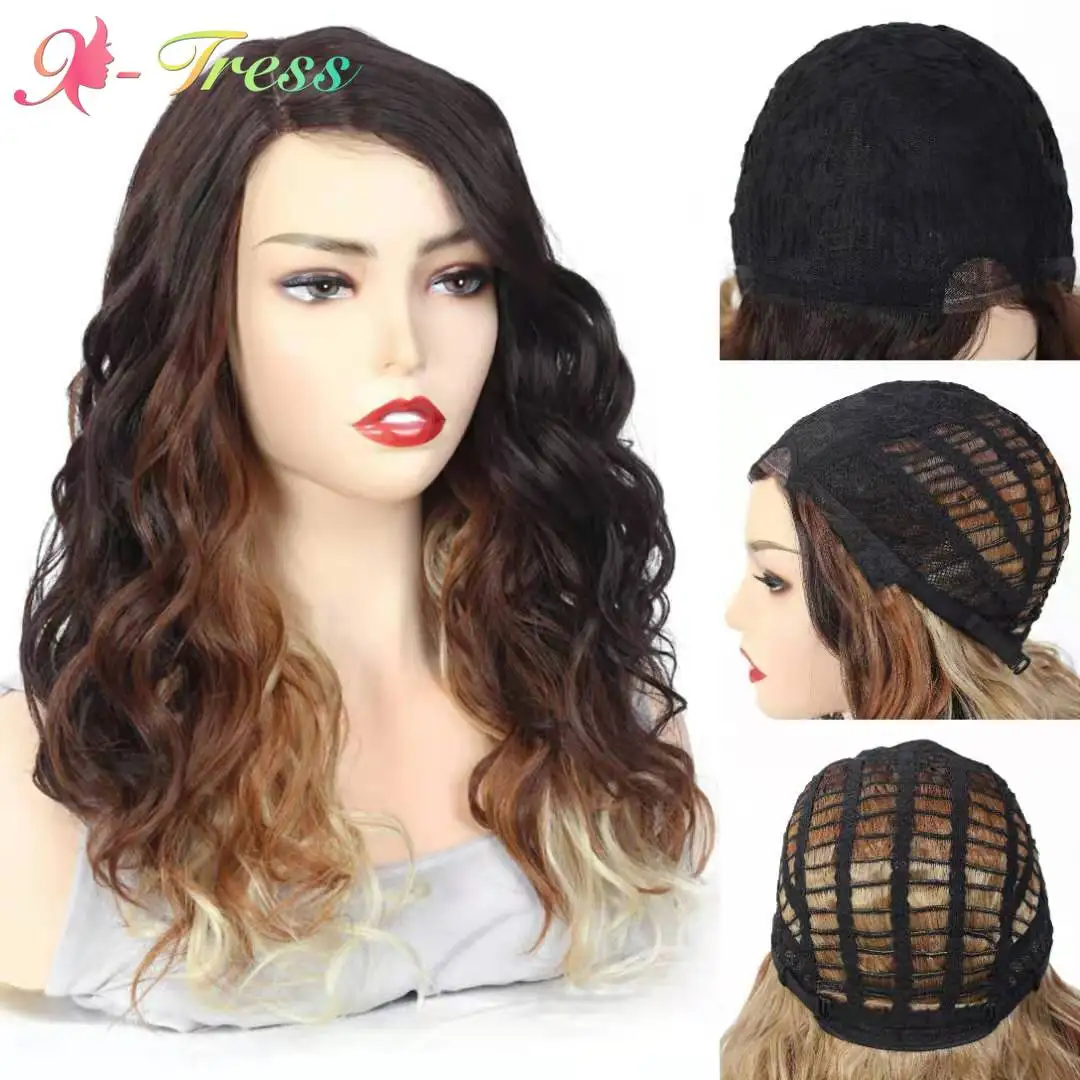 

X-TRESS Lace Part Synthetic Wigs Ombre Brown Color Medium 20inch Curly Ocean Wave Heat Resistant Side Part Lace Wig For Women