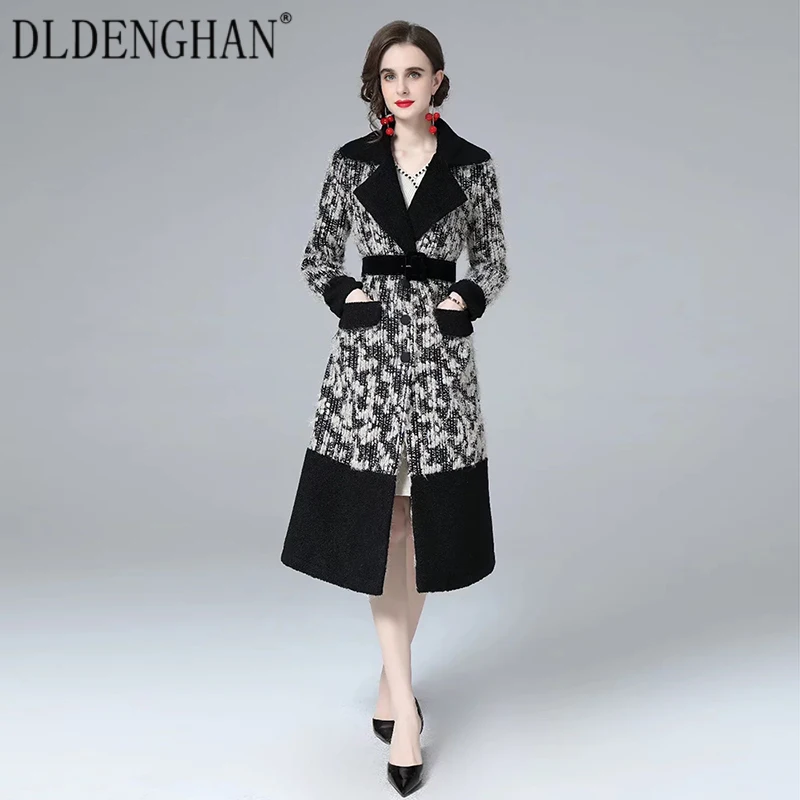 

DLDENGHAN Designer Autumn Winter Geometric Pattern Coat Woman Long Sleeve Sashes Black Patchwork Casual Overcoat Outwear