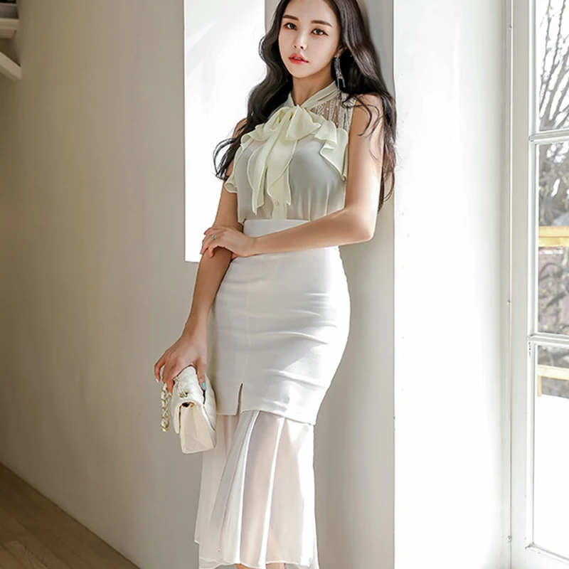 

2 Pieces Set Women Sleeveless Summer Bow Chiffon Shirts Blouses Tops + Midi High Waist Sheath High Waist Skirts Female Suits Set