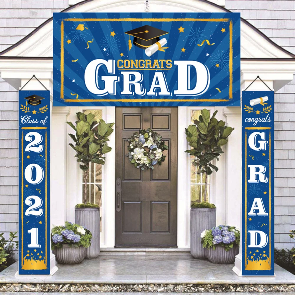 

1 Set 3pcs 2021 Graduation Theme Hanging Sign Graduation Party Front Door Flag