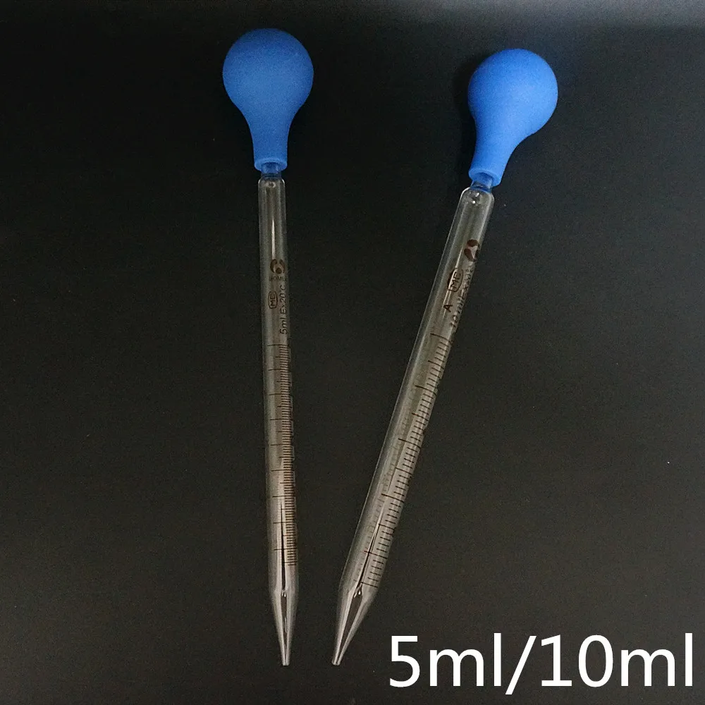 

2pcs 5ml and 10ml Lab Glass Graduated Pipette Dropper Transfer Pipette with Blue Rubber Bulb