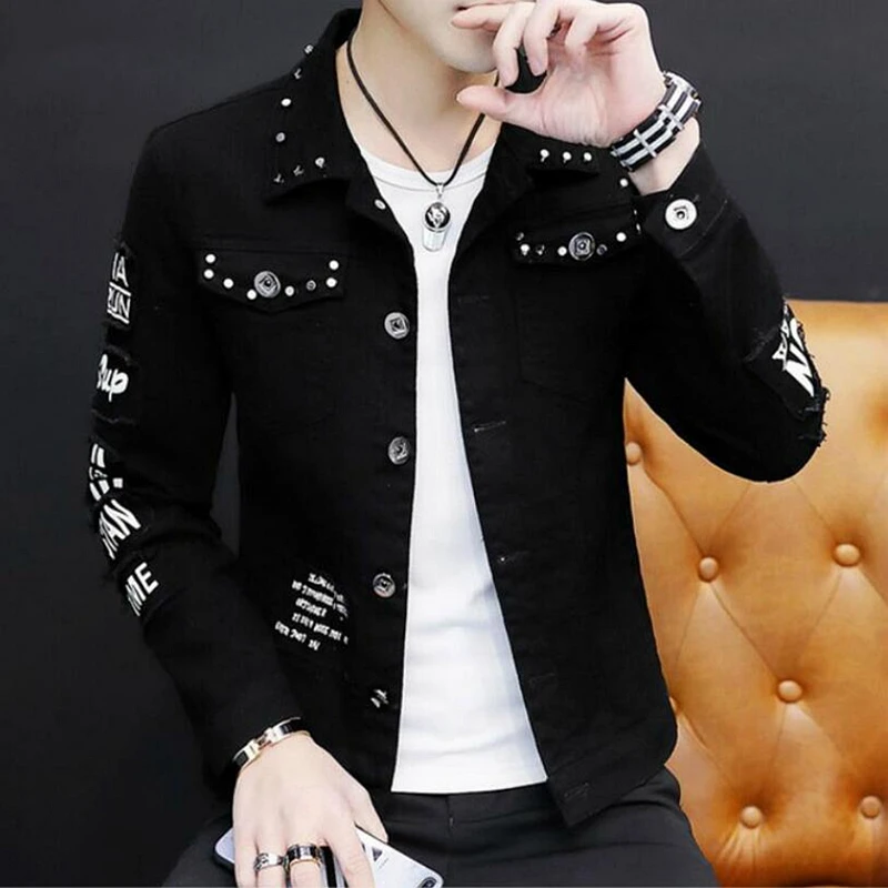 Мужская одежда джинсовая куртка с заклепками стильное осеннее джинсовое пальто
