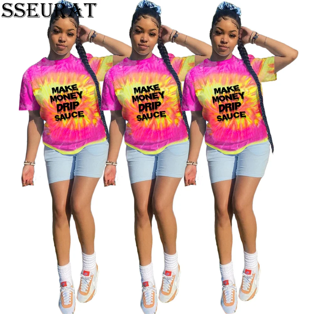 

SSEURAT New Arrival Tops Women Casual Letter O-neck Tie Dyeing Fashion Summer Top T Shirt Tee Shirt