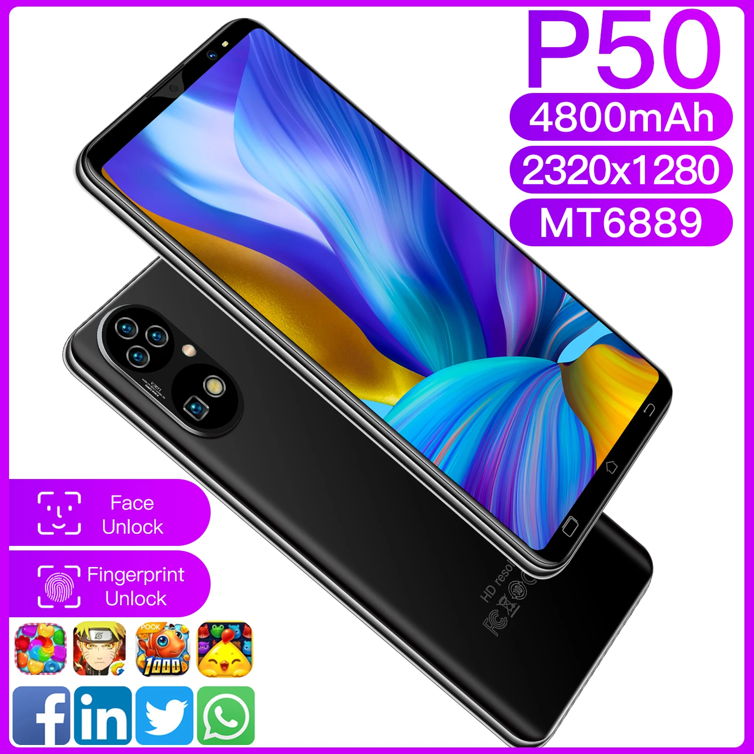 

P50 Pro Smartphone 5.3 Inch 6+128GB 2320*1280 4800mAh Andriod 10.0 Dual SIM MTK6889 Face Fingerprint ID Cell Phone Celular