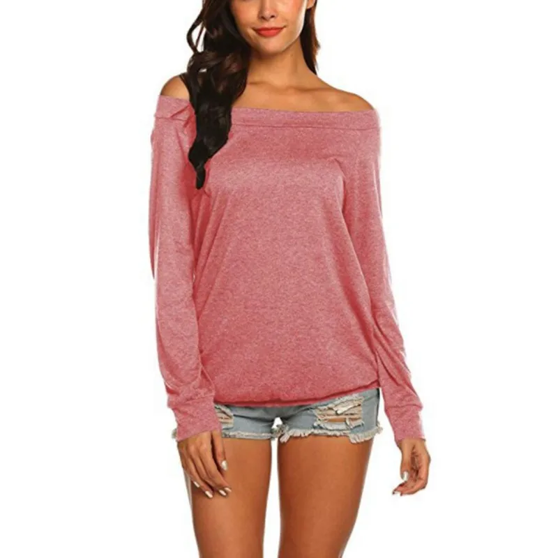 

Women Slash Neck Off Shoulder Blouse Tops Tees Long Sleeve T-Shirts Solid Casual Long Sleeve