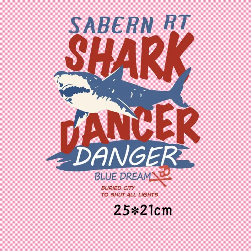 

23x21cm letter Shark Iron on Patches For DIY Heat Transfer Clothes T-shirt Thermal transfer stickers Decoration Printing
