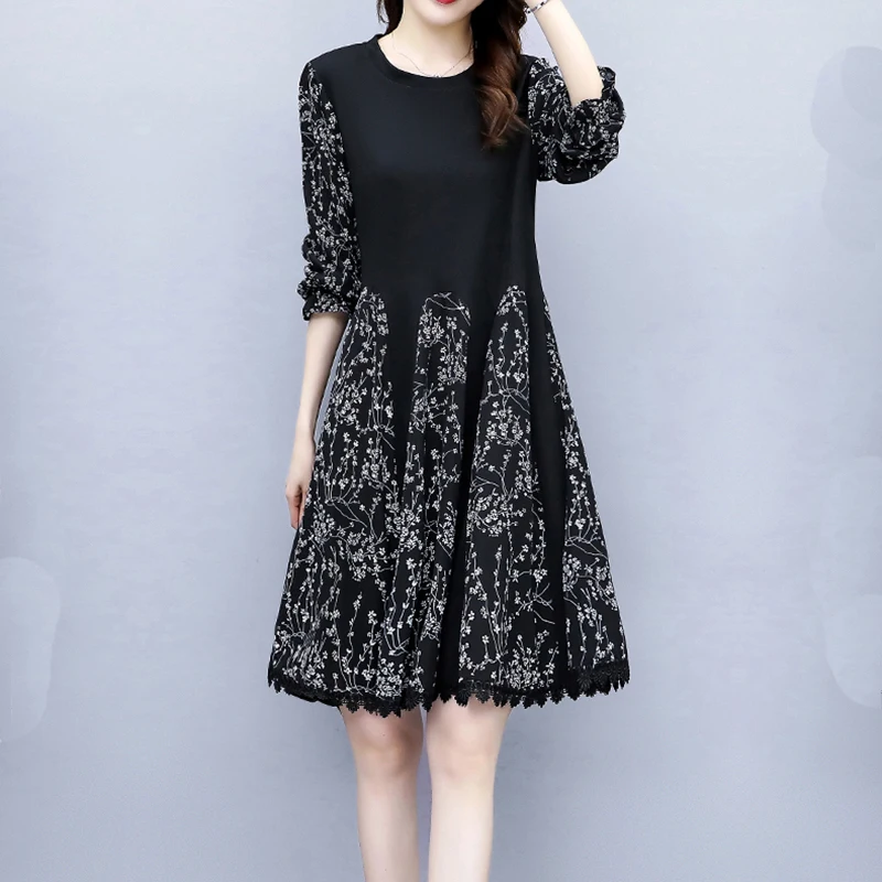 

Plus Size Clothes Spring Dress 2021 Fashion Long Sleeve Floral Chiffon Patchwork Tassel Loose A-line Black Vestidos Female