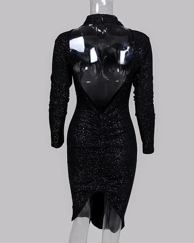 Блестящее облегающее платье с вырезом на спине рюшами разрезом для женщин