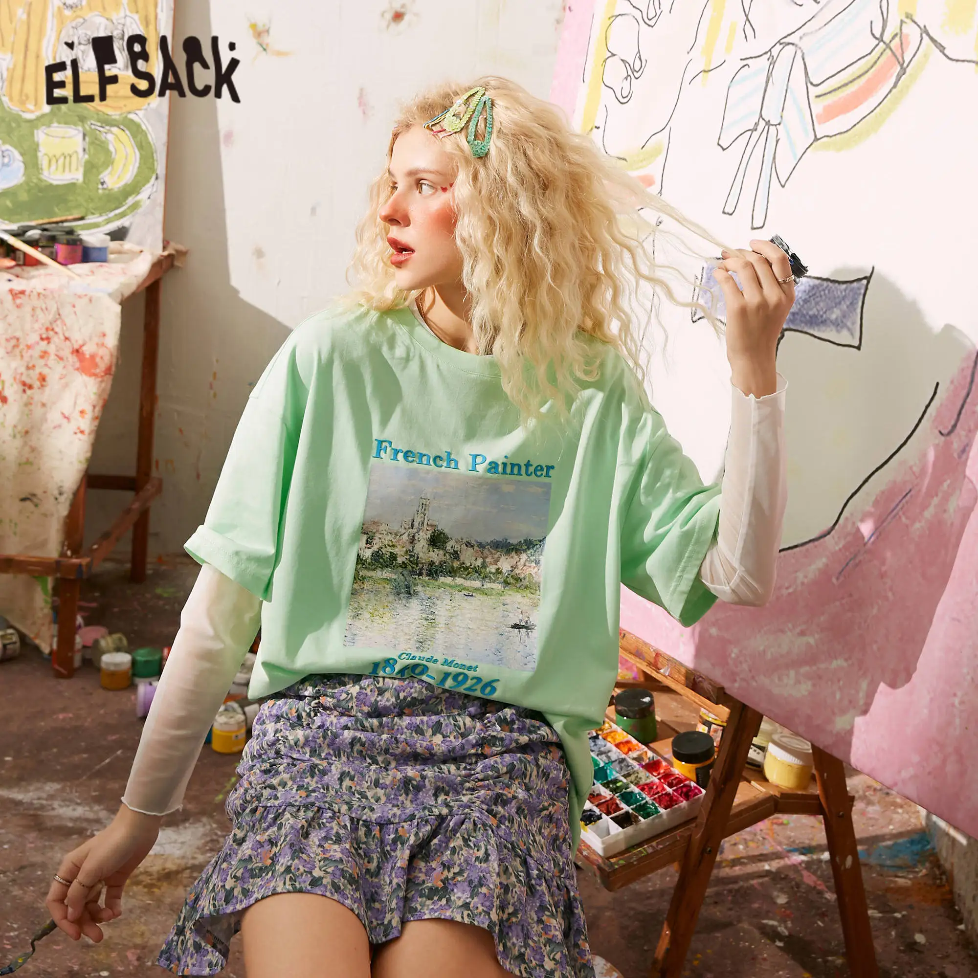 Женские повседневные футболки ELFSACK зеленые силиконовые с коротким рукавом в