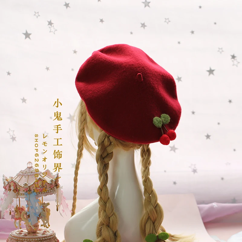 Мягкий милый Вишневый берет женский осенне зимний японский ручной работы из