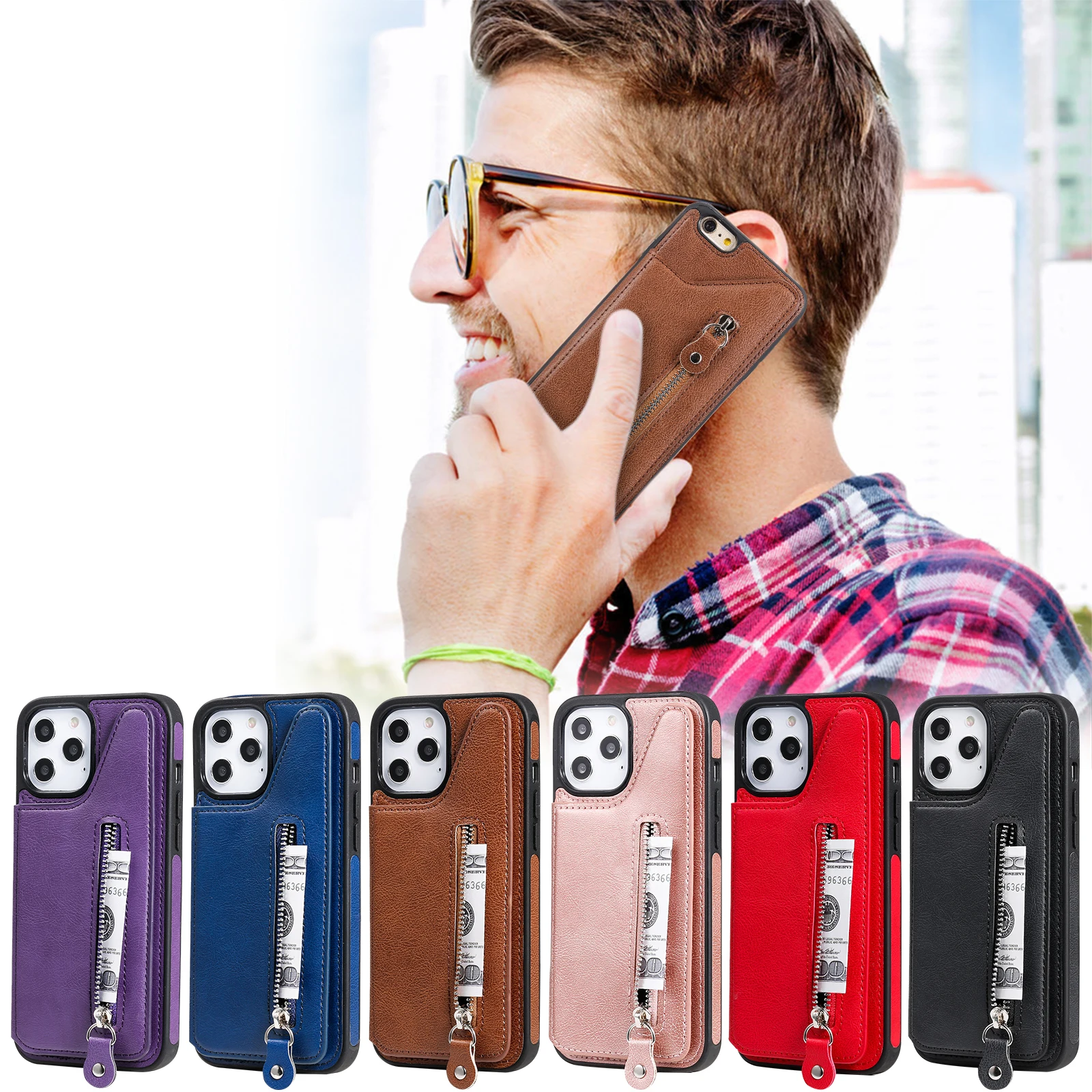 

Pure color double button zipper PU Leather + TPU Back Case For iPhone 12 Mini /12 11 Pro Max 6 7 8 Plus XS XR Phone Cover Skins