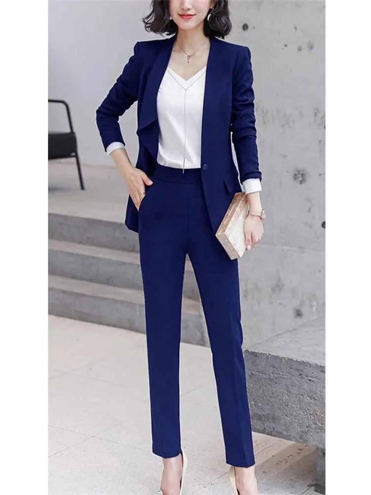Женские Брючные костюмы королевский синий пиджак + брюки женские деловые Блейзер