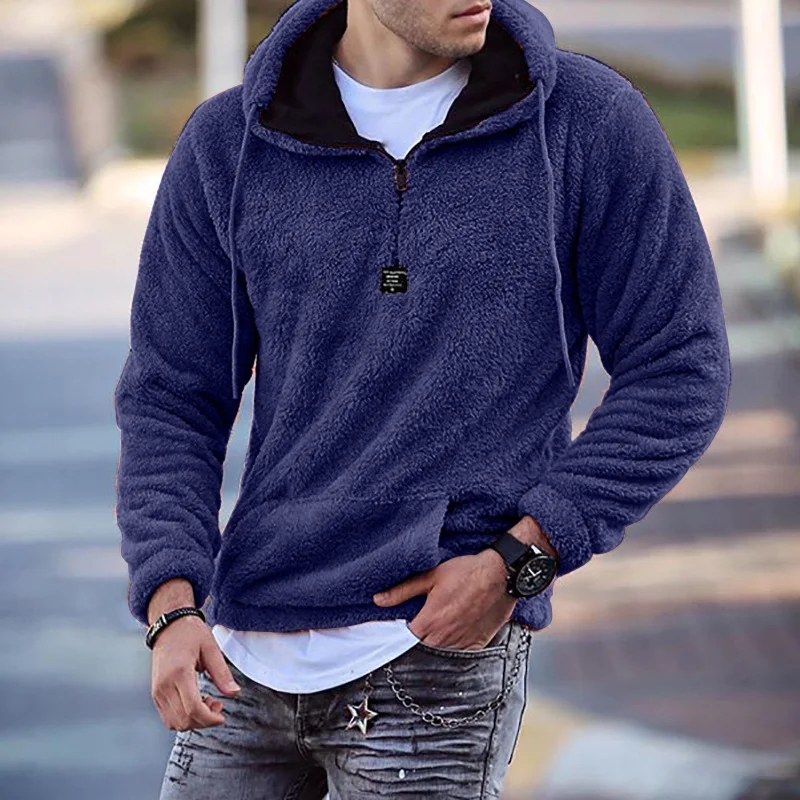 

Casual Mens Woolen Hoodies Fashion Solid Long Sleeve Hooded Sweatshirts For Men Autumn Winter Warm Loose Drawstring Hoodie Blusa