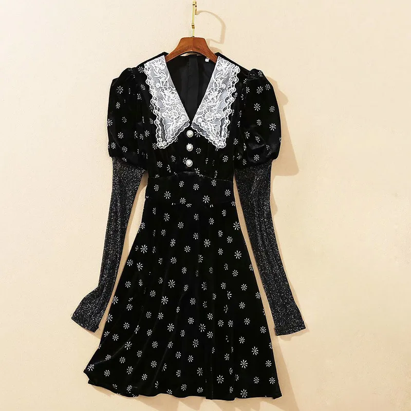 

Newe Высокое качество Мода 2021 дизайнерское женское платье с отложным воротником пышные рукава Вышивка бриллиантами винтажное бархатное платье