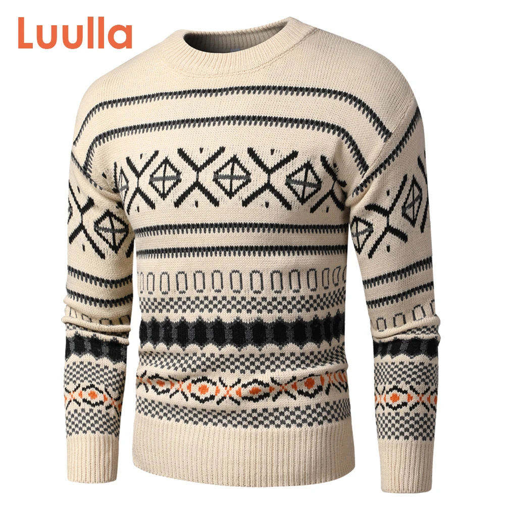 

Men 2020 Autumn New Vintage Style Acrylic Warm Jacquard Sweater Pullovers Men Winter O-Neck Fashion Thick Check Pattern Sweater