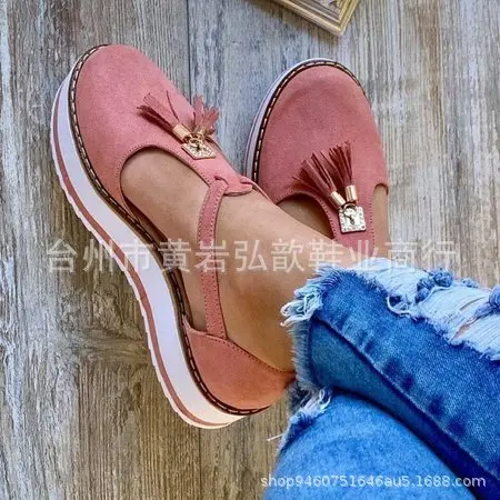 

Flat Sandal Shoe Large Size 2021 Summer Women's Heels Tassel Clogs Wedge Suit Female Beige Med Without Big Fashion Velvet Girls