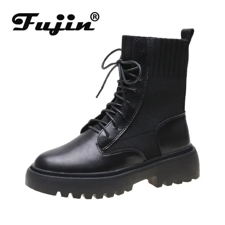 Fujin/женские ботинки Ботильоны на платформе Новинка 2020 года Осенняя обувь с