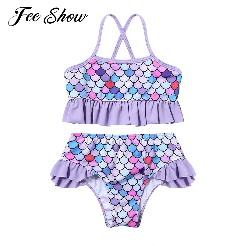 

Toddler Girls Swimming Suits 2Pcs Bikini Set Swimwear Fish Scales Mermaid Ruffle Tops and Briefs Swimsuit Bathing Suit Beachwear