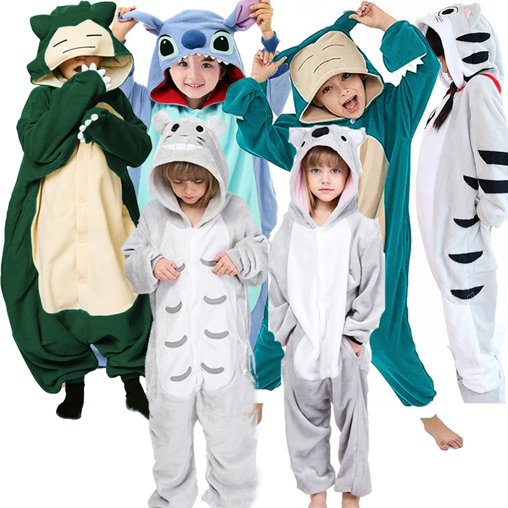 Kids Kigurumi Pajamas Fleece Children Overalls Baby Animal Full Body Onesie One-Piece Sleepwear Girls Halloween Cosplay Costume
