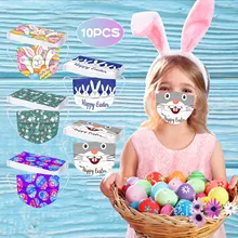 10pc Kids Easter Bunny Disposable Masks Unisex Cartoon Face Cover 3-layer Child Dustproof Pm2.5 Masks Earloop Bandage Masks