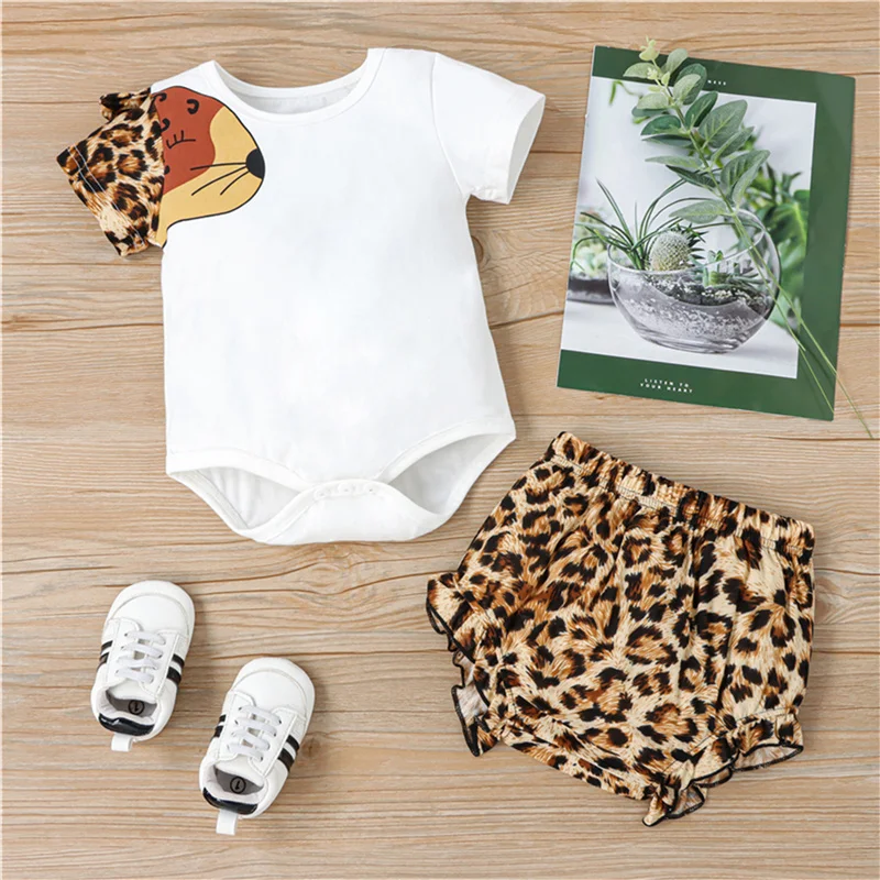 

Baby Girl Suit Summer Fashion Set 2 Pieces ,Creative Leopard Print Round Neck Short Sleeve Bodysuit+ Short Pants , 0-24 Months