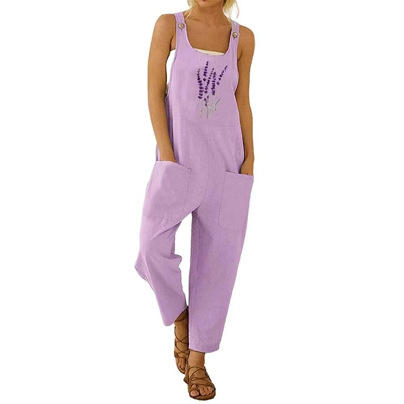 

2021 Summer Elegant Print Overalls Women Plus Size Casual Sleeveless Strappy Romper Ladies Sexy Loose Jumpsuit Playsuit