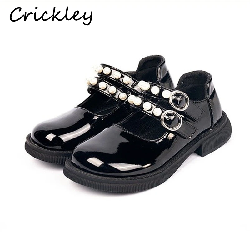 

Pearl PU Leather Children Shoes Princess Buckle Mary Janes Shoes For Girls Party Soft Sole Anti Slip Hook Loop Kids Flats