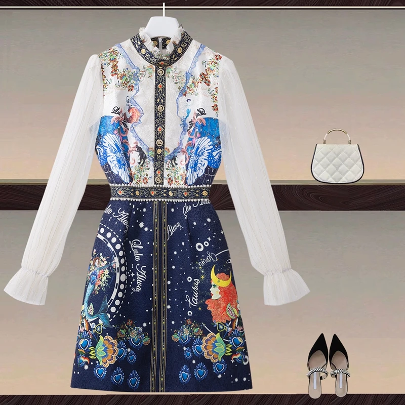 

High Quality Fashion New 2022 Spring Women's Fashion Casual Party Sexy Mesh Long Sleeves Diamond Button Print Mini Dress