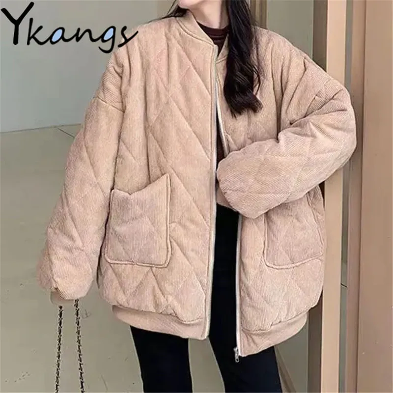

Korean Corduroy Crew Neck Women's Jacket 2021 New Winter Thickened Zipper Quilted Coats Outdoor Leisure Long Sleeve Ladies Parka