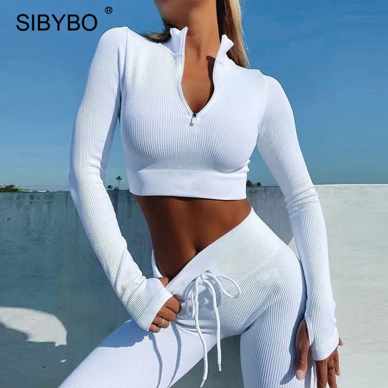 

Женский костюм для фитнеса Sibybo, комплект из двух предметов, кроп-топ на молнии с длинными рукавами и леггинсы на осень