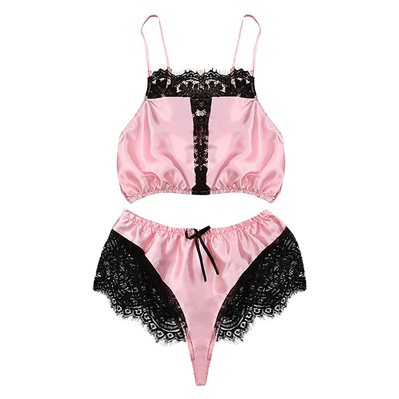 

Женская одежда для сна из 2 предметов, Атласный пижамный комплект с цветочной кружевной отделкой, Женская сетчатая ночная рубашка, комплект ...