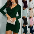 Зимнее женское короткое платье JAYCOSIN 2021, модное однотонное вечернее мини-платье с V-образным вырезом, блестками и длинным рукавом, сексуальное платье для ночного клуба
