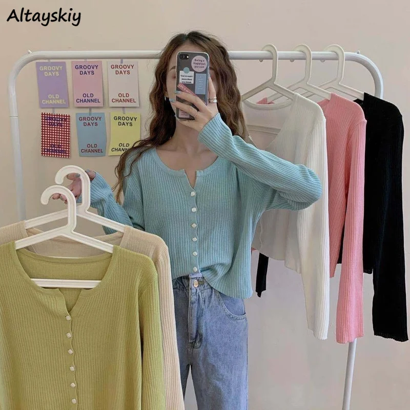 

Кардиган женский Универсальный с круглым вырезом, однотонный Повседневный приталенный с длинным рукавом, в стиле Ins, ольччан, карамельные ц...