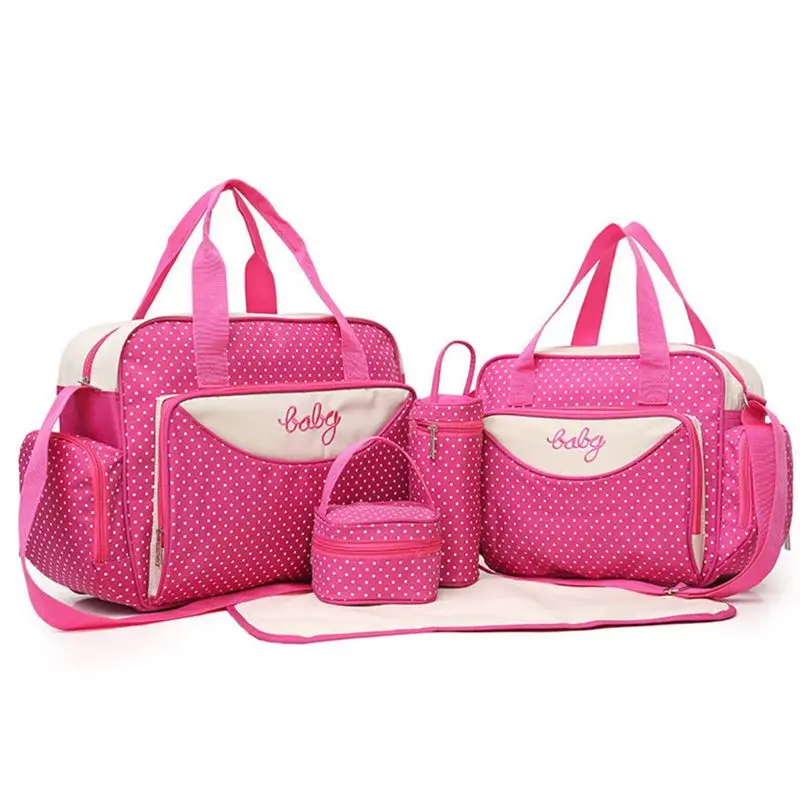 

5Pcs/Set Multifuntional One Shoulder Diaper Bag Tote Large-Capacity Polka Dot Mummy Maternity Travel Handbag Bottle Holder