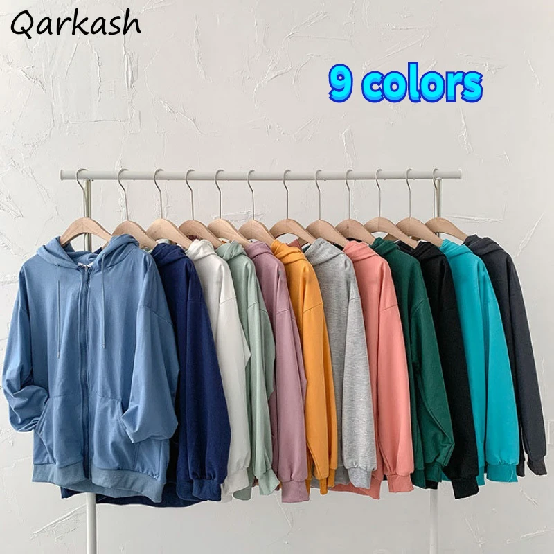 

Women Basic Jackets Solid Cotton Front Pockets Couples Simple Daily Loose Teens Hooded Coats Spring Casual All-match Ulzzang Ins