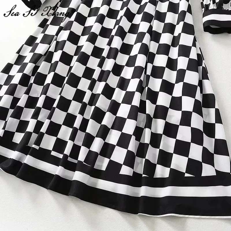 

Seasixiang Fashion Designer Summer Dress Women's Lace Turn-down Collar Long Sleeve Ruffles Plaid Print Vintage Dresses