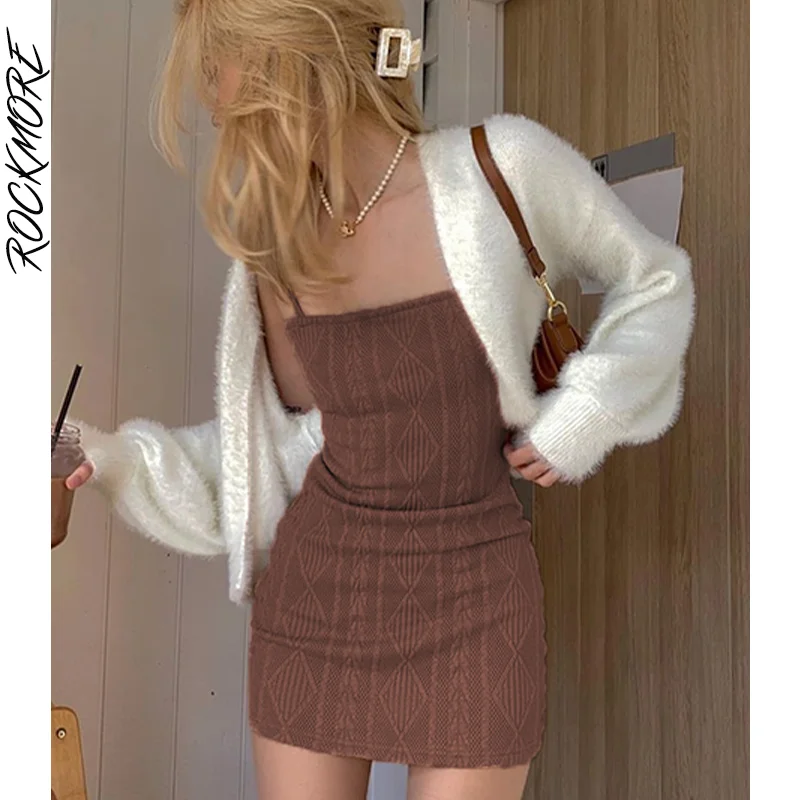 

Rockmore White Cropped Sweater Cardigans Autumn Winter Knitwear Women Aesthetic Casual Loose Open Stitch Outerwear 2021