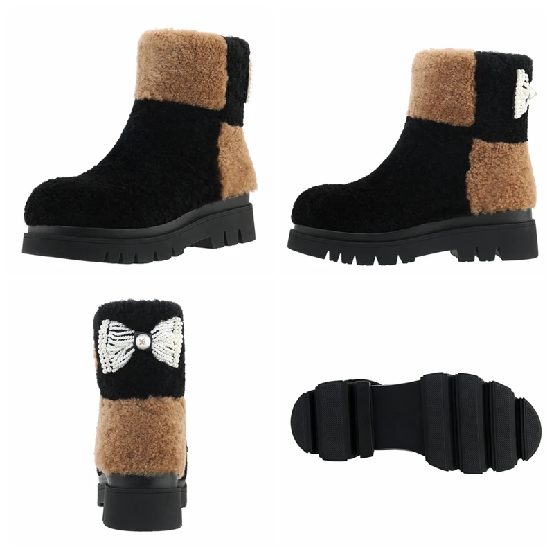 

Autuspin Winter Snow Boots Women Genuine Leather Fur Fashion Warm Short Boots Female Sweet Pearl Butterfly Casual Platform Shoes