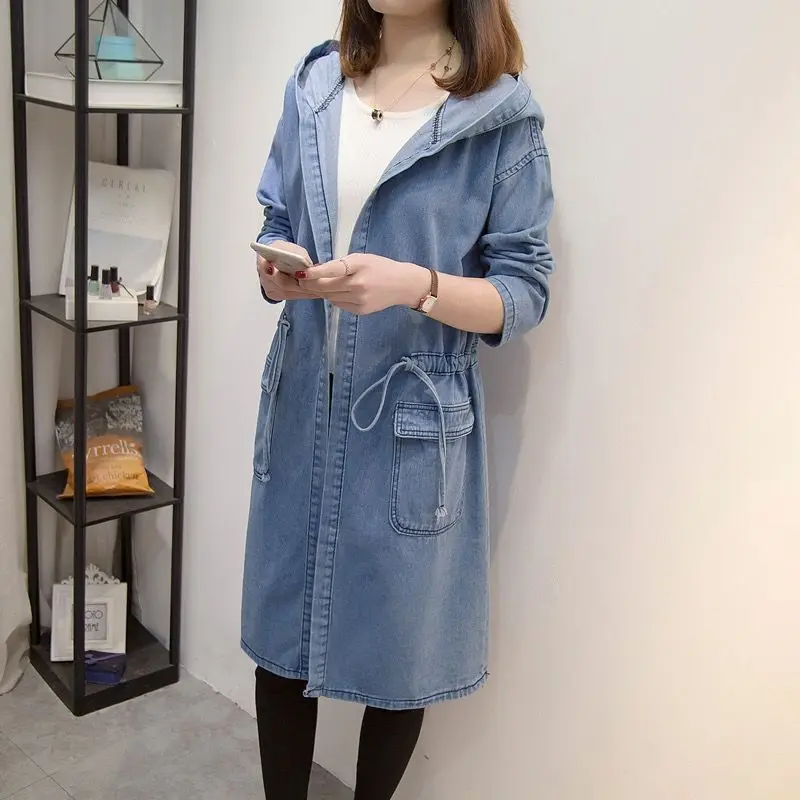 

Spring and autumn new large women's wear fat mm show thin age reduction versatile ins mid long denim hooded windbreaker jacket f