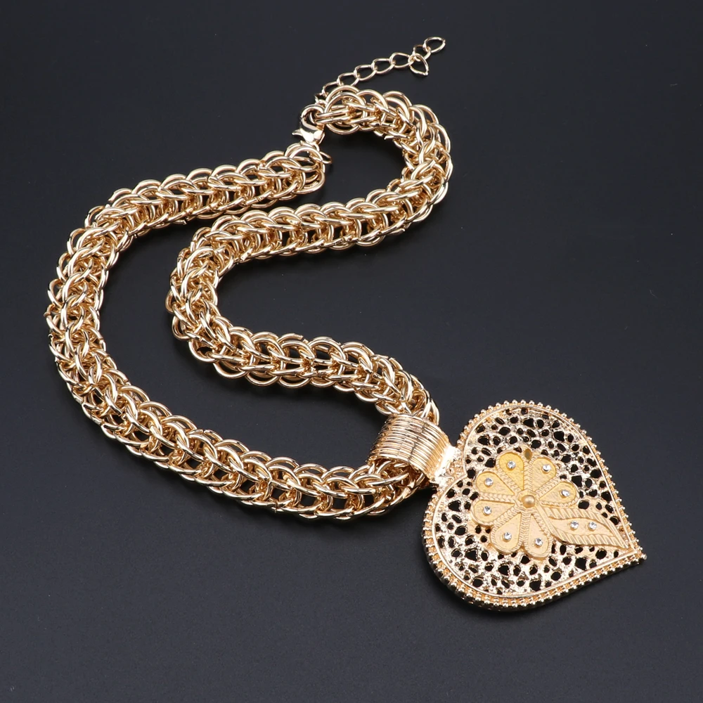 Дубай золотой цвет кристалл сердце кулон ожерелье серьги ювелирный набор
